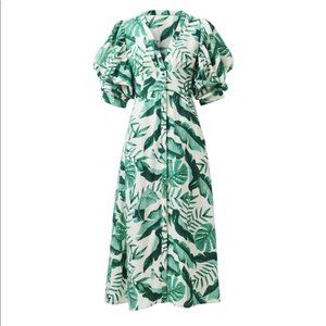H&M Johanna Ortiz Green White Linen Leaf Dress